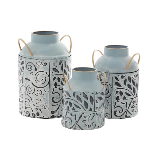 Set of 3 Blue Metal Farmhouse Vase, 9", 11", 13"